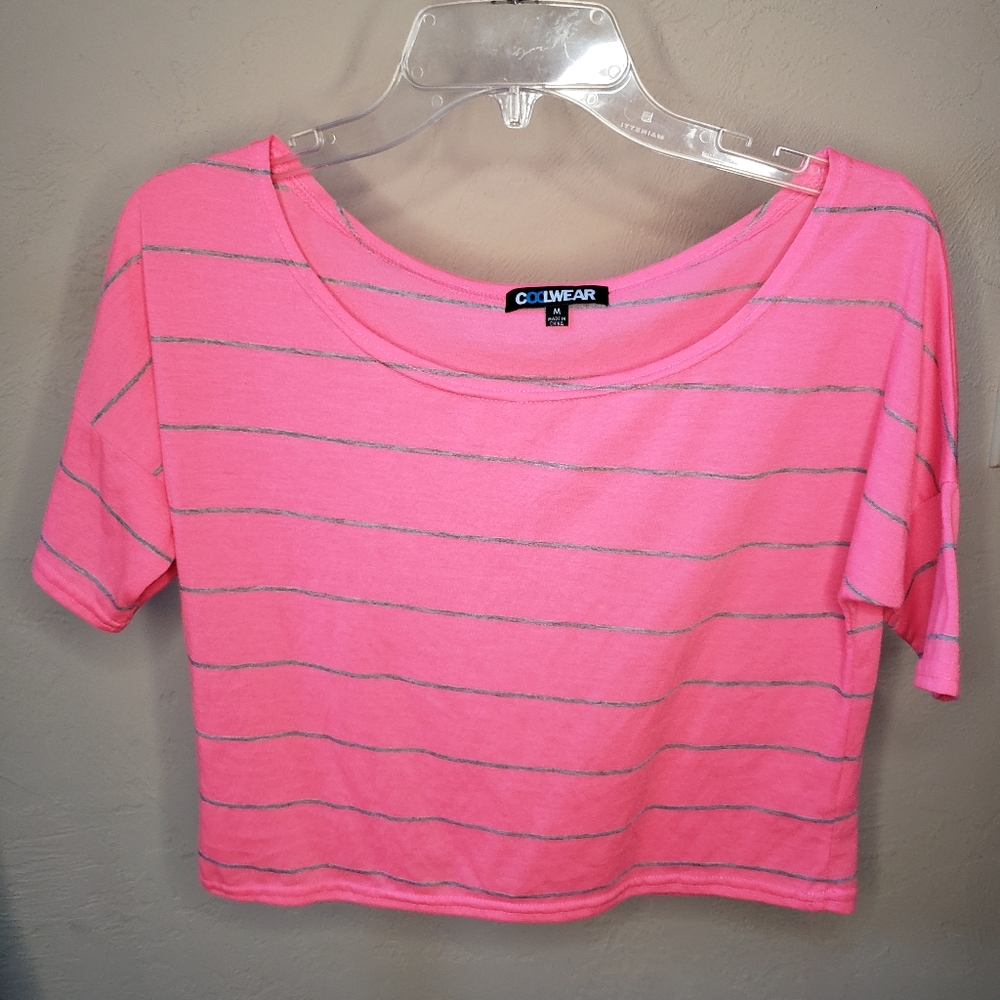 Neon Pink Crop Top with Gray Stripes